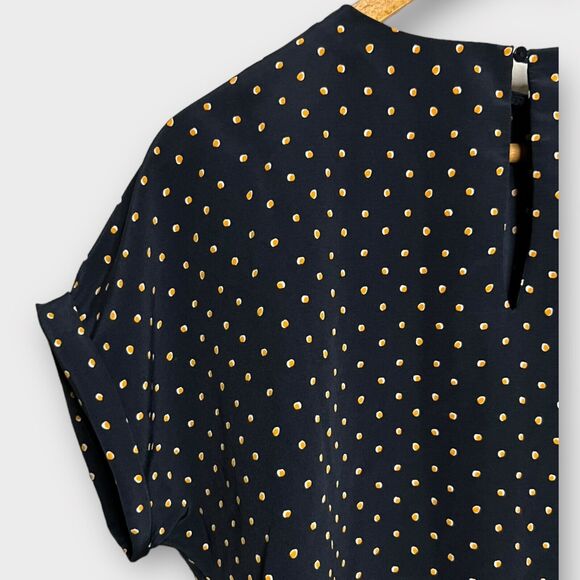 MNG Basics Women's Navy Polka Dot Cuffed Short Sleeve Tie Front Blouse Top Sz 4 - Picture 13 of 15